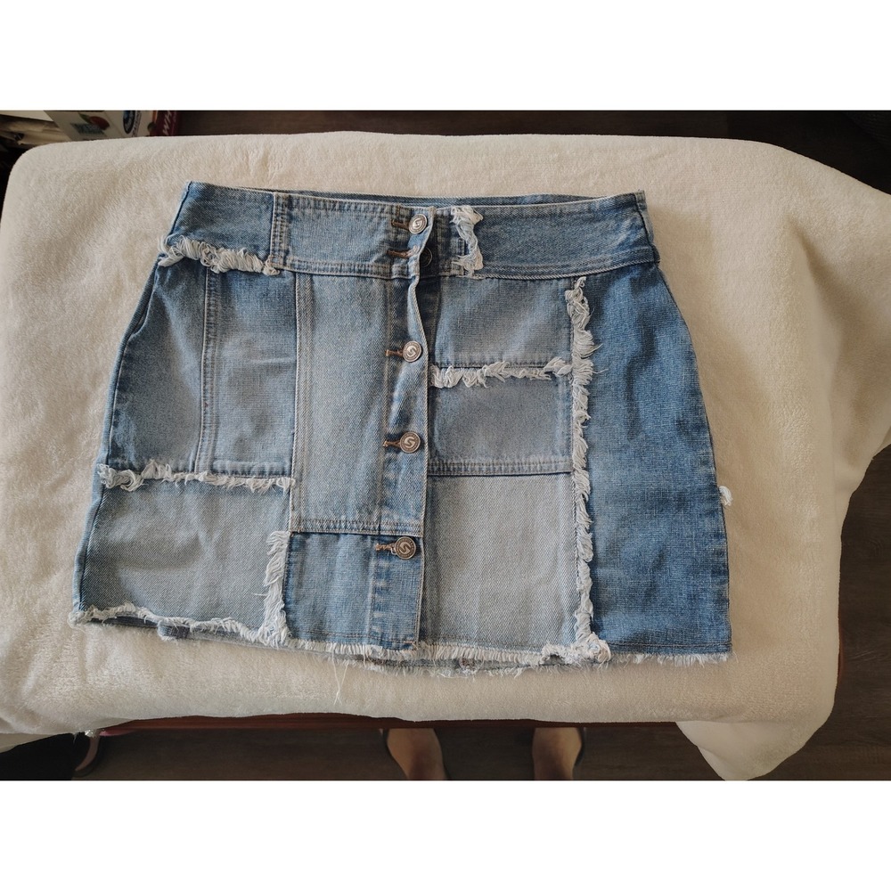 Vintage Squeeze Stephen Hardy Patchwork Denim Mini Skirt Frayed Raw Hem Blue 5/6